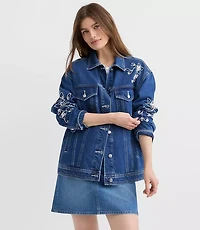 Petite Floral Embroidered Oversized Denim Trucker Jacket Bright Indigo Wash