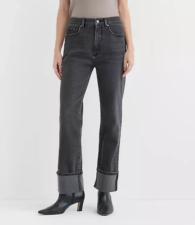 Rivete Tall Curvy Cuffed High Rise Straight Jeans Noir Wash