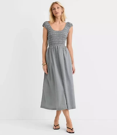 Gingham Smocked Cap Sleeve Midi Pocket Dress