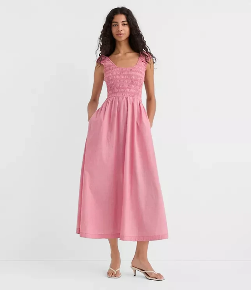 Gingham Smocked Cap Sleeve Midi Pocket Dress