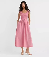 Gingham Smocked Cap Sleeve Midi Pocket Dress