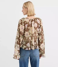Petite Floral Tie Neck Bell Sleeve Blouse