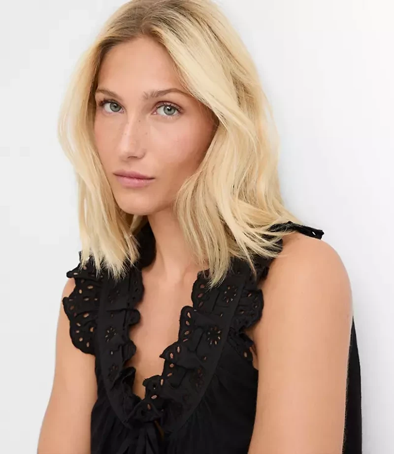 Eyelet Ruffle Tie Neck Button Top