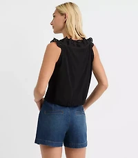 Eyelet Ruffle Tie Neck Button Top