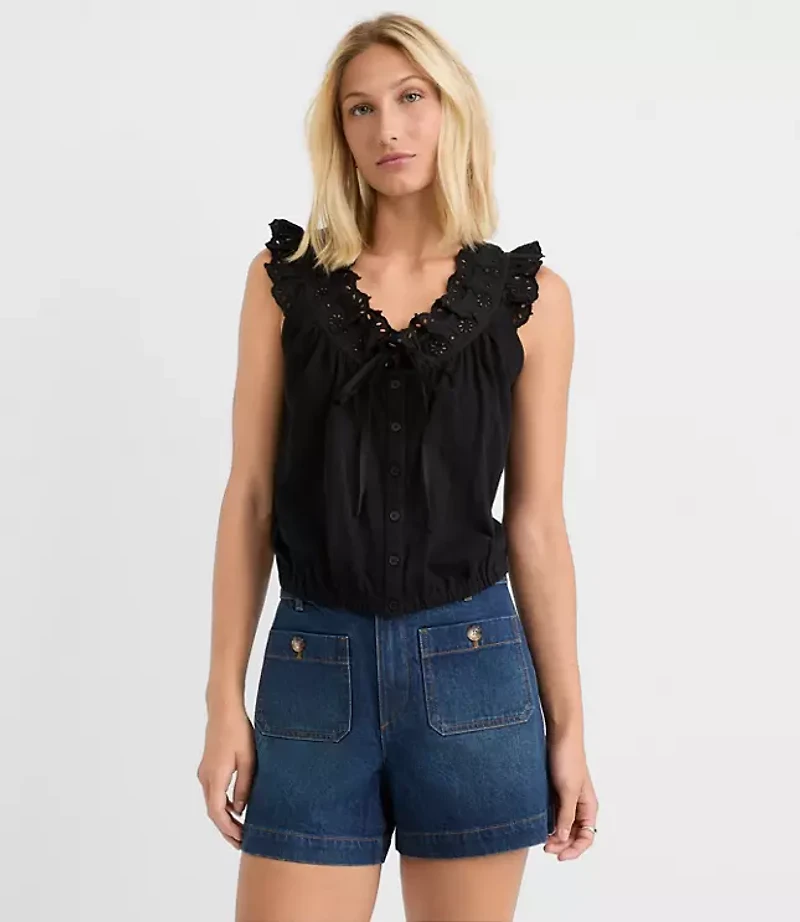 Eyelet Ruffle Tie Neck Button Top