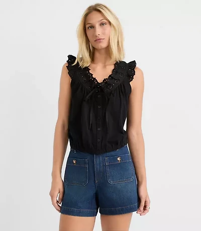 Eyelet Ruffle Tie Neck Button Top