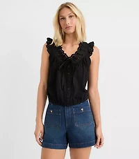 Eyelet Ruffle Tie Neck Button Top