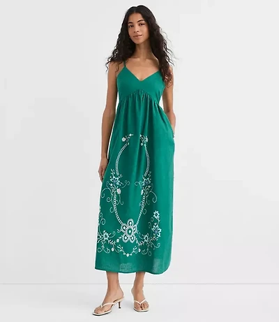 Petite Floral Linen Cotton Strappy Midi Pocket Dress