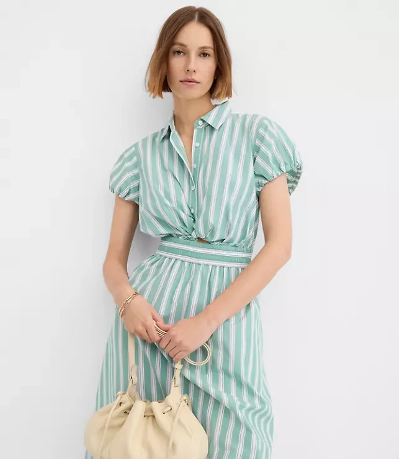 Petite Striped Poplin Twist Midi Pocket Shirtdress