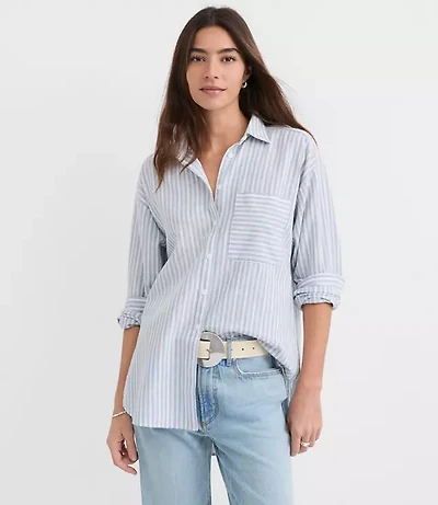 Petite Striped Linen Cotton Everyday Oversized Pocket Shirt