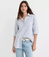 Petite Striped Linen Cotton Everyday Oversized Pocket Shirt