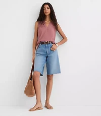 Petite Split Neck Mixed Media Shell