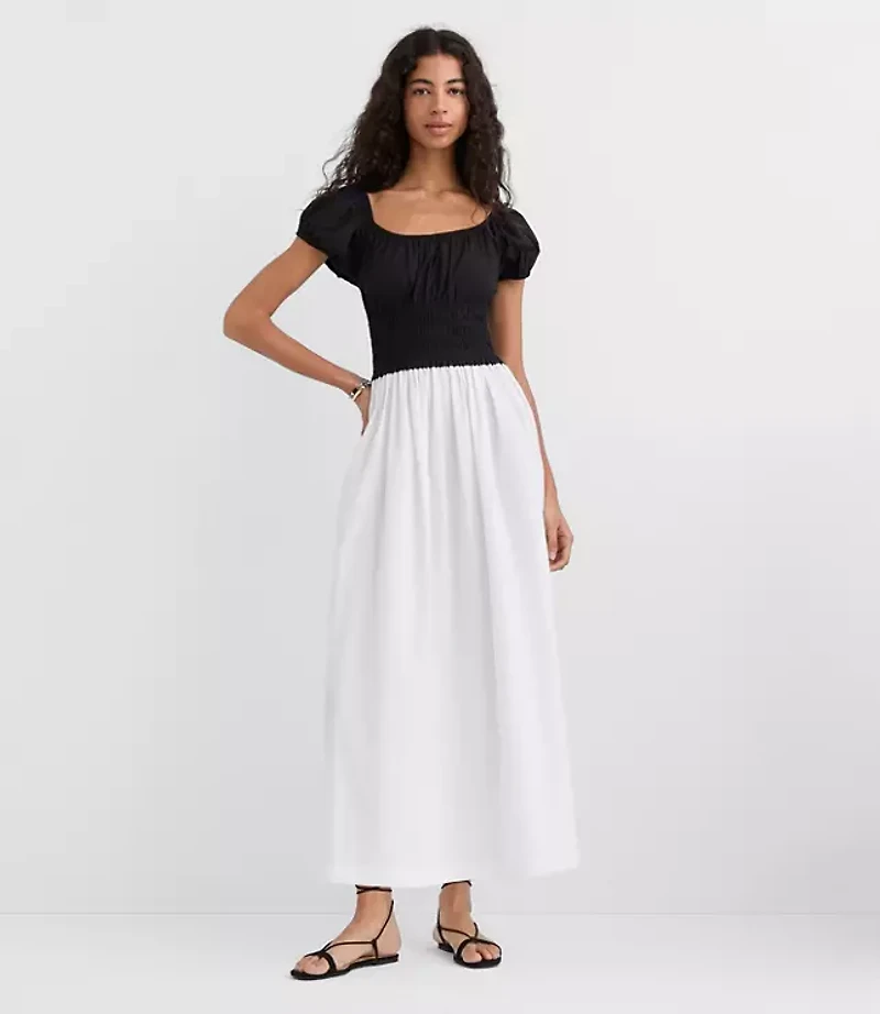 Petite Poplin Smocked Puff Sleeve Midi Dress