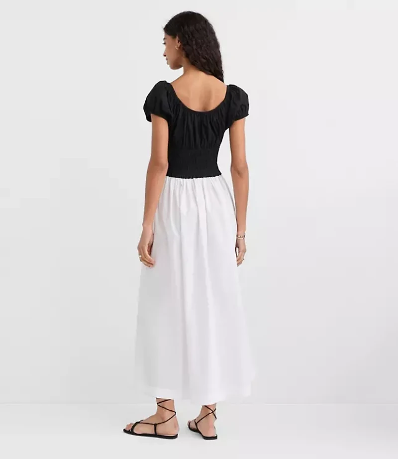 Petite Poplin Smocked Puff Sleeve Midi Dress