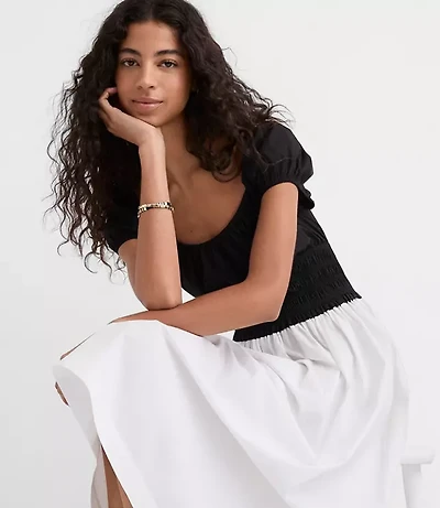 Petite Poplin Smocked Puff Sleeve Midi Dress