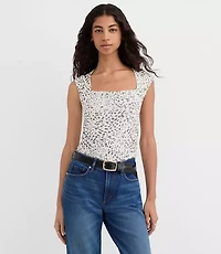 Cheetah Print Mesh Ruched Square Neck Top