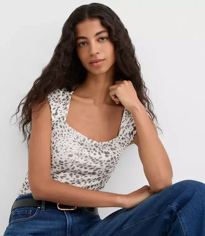 Cheetah Print Mesh Ruched Square Neck Top