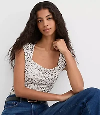 Cheetah Print Mesh Ruched Square Neck Top