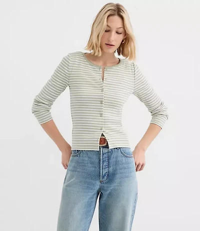 Petite Striped Scalloped Ribbed Cardigan