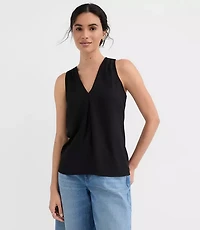 Petite Pleated V-Neck Mixed Media Shell