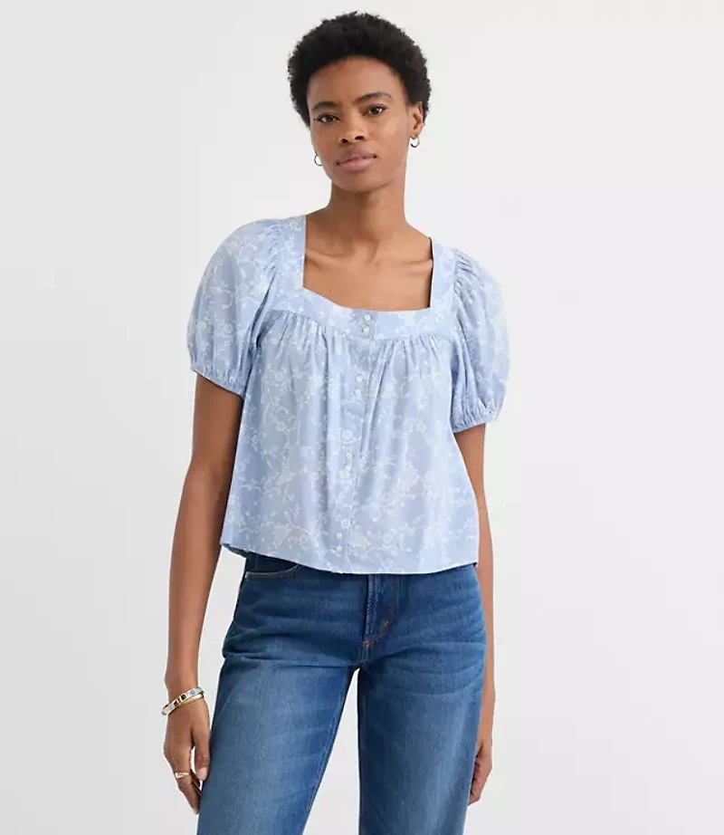 Petite Paisley Puff Sleeve Square Neck Blouse