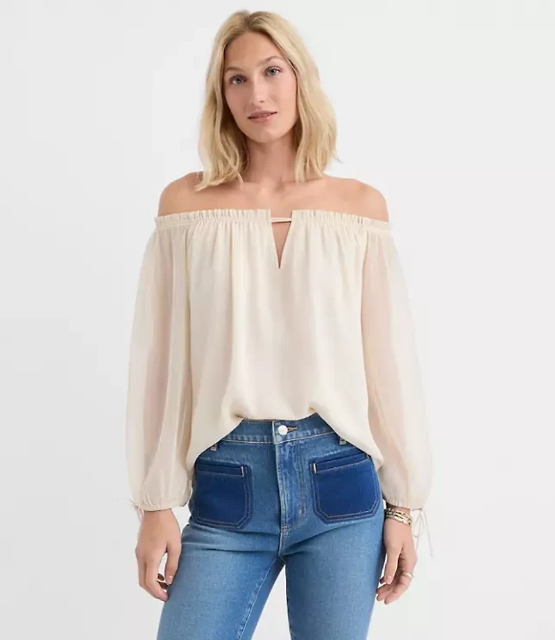 Petite Tie Cuff Off The Shoulder Blouse