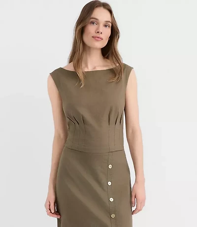 Petite Linen Cotton Pleated Boatneck Top