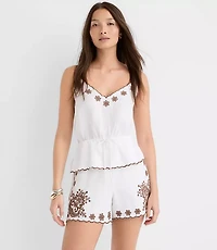 Petite Darted Side Zip Shorts Floral Embroidered Linen Blend