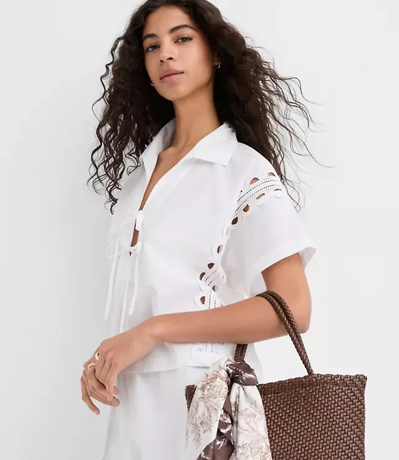 Petite Lace Eyelet Bow Poplin Shirt