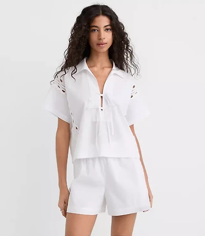 Petite Lace Eyelet Bow Poplin Shirt