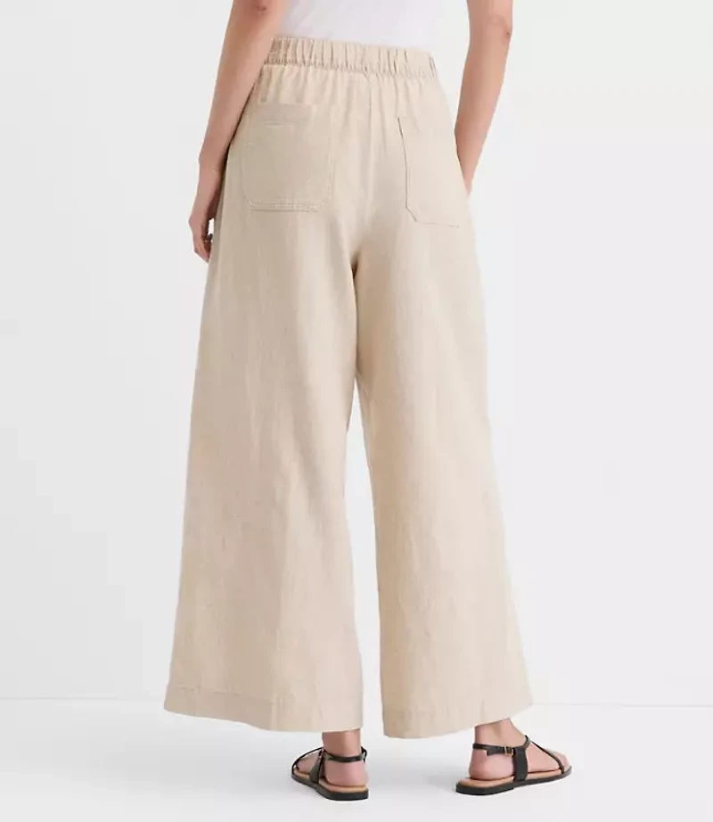 Petite Breezy Wide Leg Crop Pants Crosshatch Linen Cotton