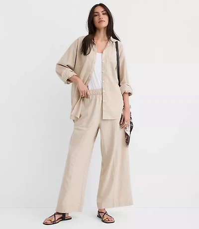 Petite Breezy Wide Leg Crop Pants Crosshatch Linen Cotton