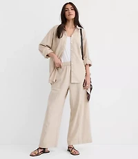 Petite Breezy Wide Leg Crop Pants Crosshatch Linen Cotton