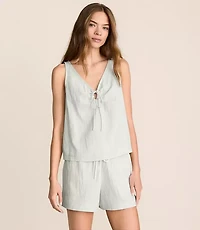 Petite Lou & Grey Crosshatch Linen Cotton Tie Keyhole Tank Top