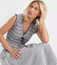 Petite Plaid Smocked Ruffle Peplum Top