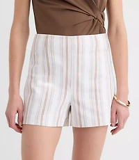 Curvy Darted Side Zip Shorts Striped Cotton Linen