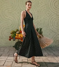 Petite Dotted Linen Cotton Midi Pocket Halter Dress