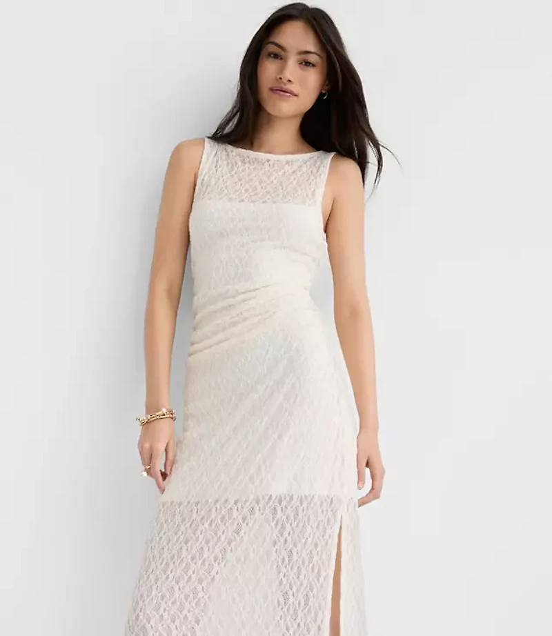 Petite Lace Ruched Boatneck Midi Dress