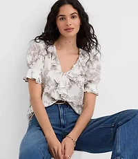 Floral Toile Pintucked Ruffle Blouse