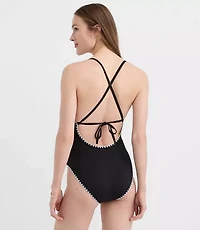 LOFT Beach Whipstitched V-Neck One Piece Swimsuit