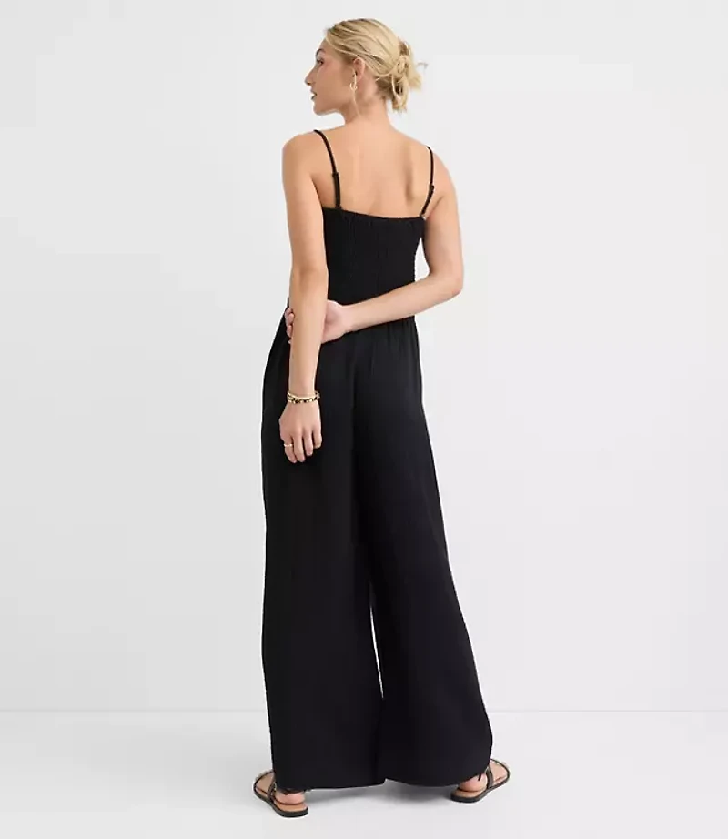 LOFT Beach Triple Cloth Smocked Mixed Media Jumpsuit
