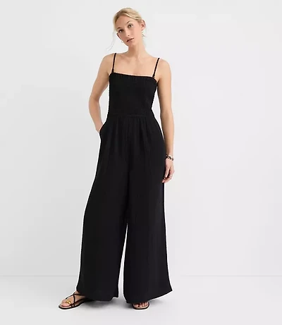 LOFT Beach Triple Cloth Smocked Mixed Media Jumpsuit