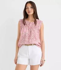 Petite Floral Pleated Yoke Mixed Media Shell