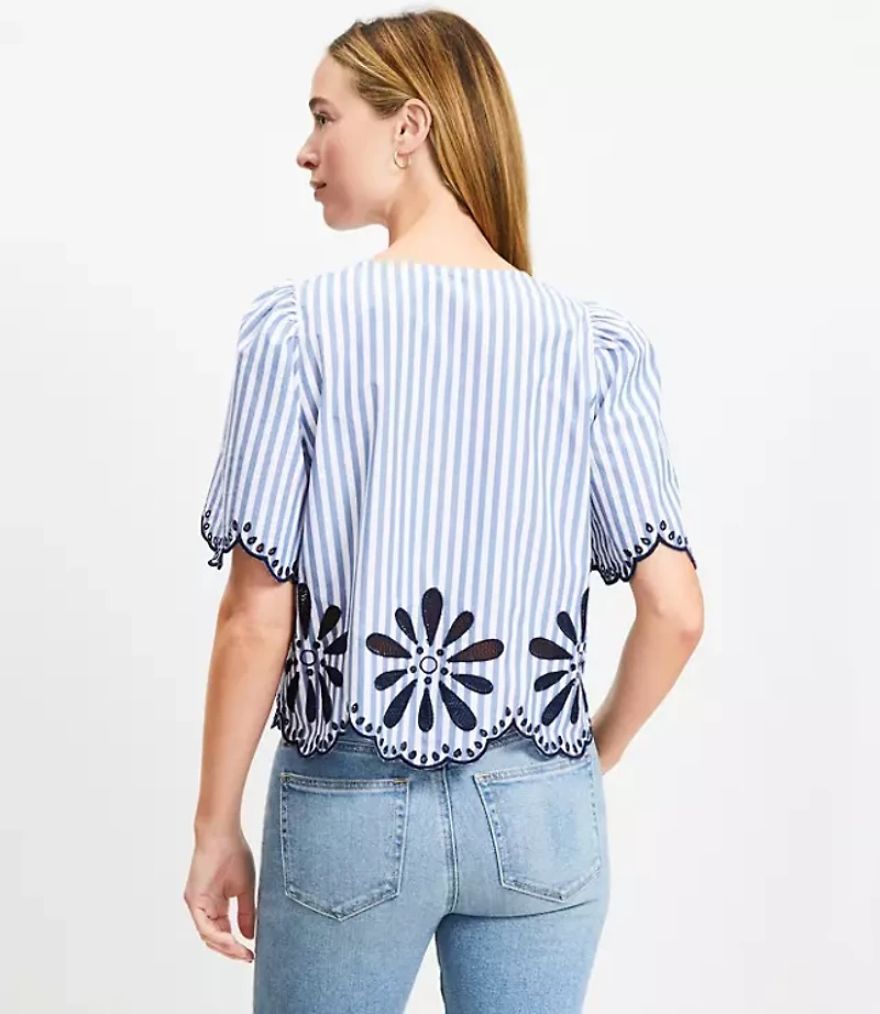 Petite Floral Eyelet Stripe Poplin Top