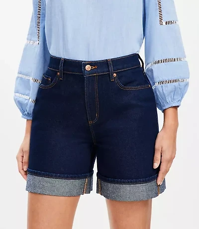 Petite Curvy A-Line High Rise Denim Shorts Rinse Wash