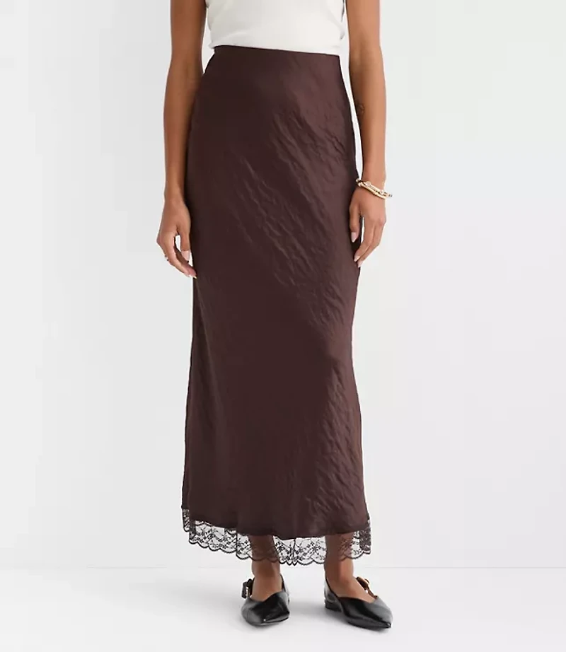 Lace Trim Satin Bias Maxi Skirt