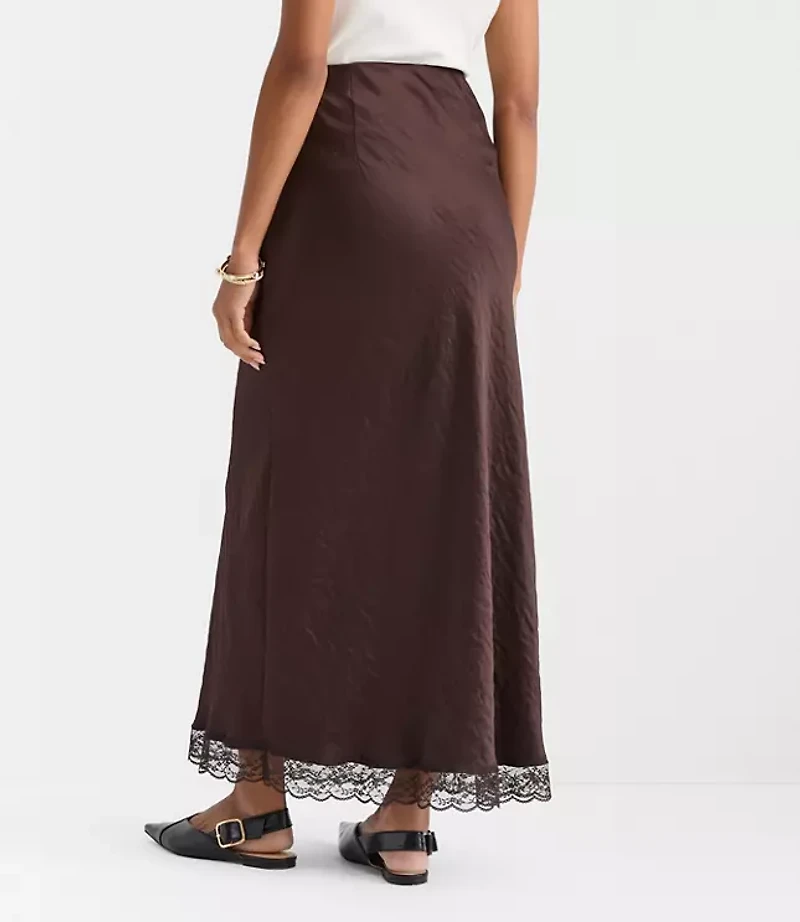 Lace Trim Satin Bias Maxi Skirt
