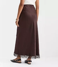 Lace Trim Satin Bias Maxi Skirt