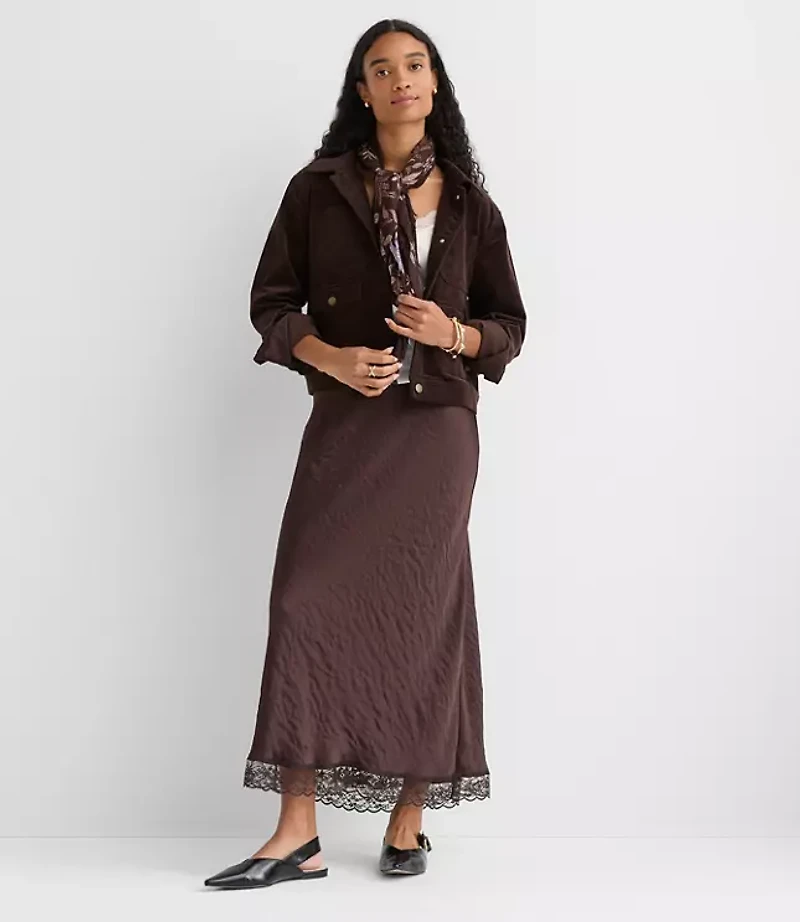 Lace Trim Satin Bias Maxi Skirt