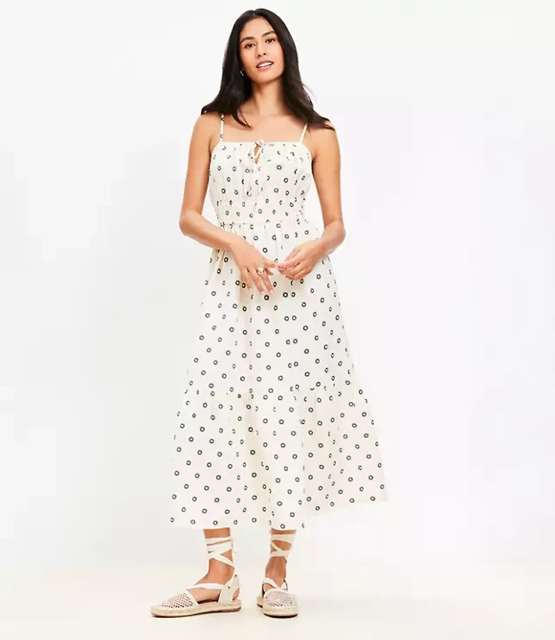 Petite Dotted Tie Linen Blend Strappy Midi Dress